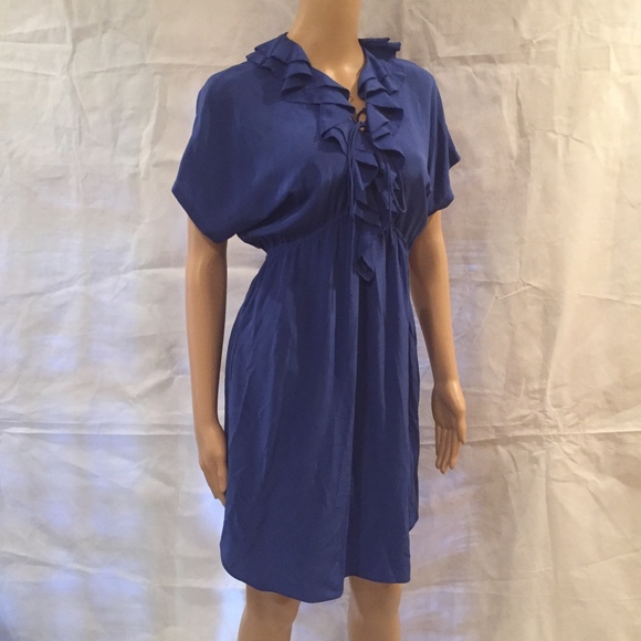Rebecca Taylor Blue Ruffle Lace Up Silk Dress - Picture 1 of 6